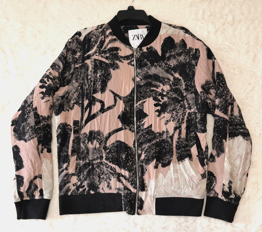 Zara Womens Size XL Pink Black Floral Print Zip Bomber Jacket Coat